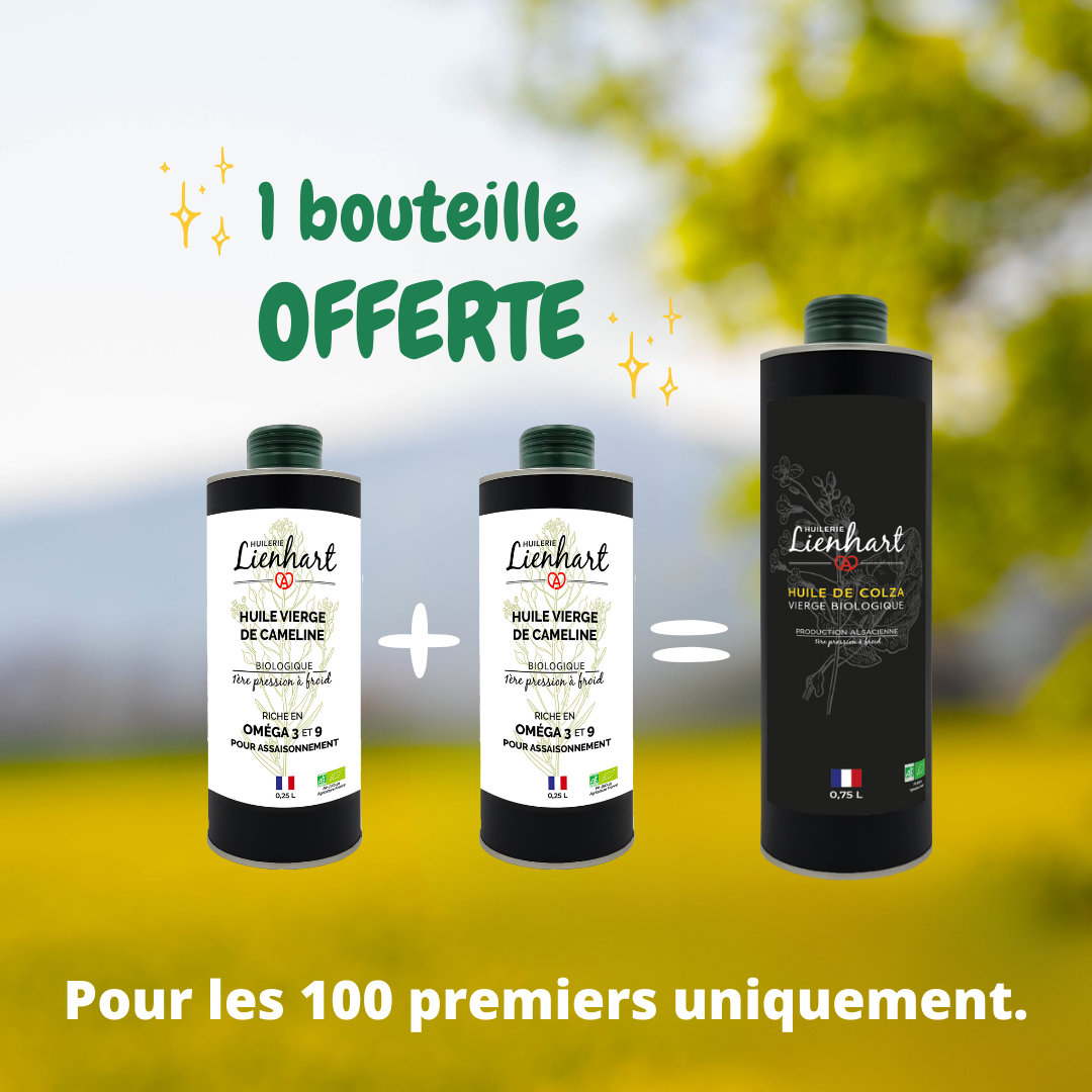 2 bouteilles de cameline achetées = 1 bouteille de colza offerte
